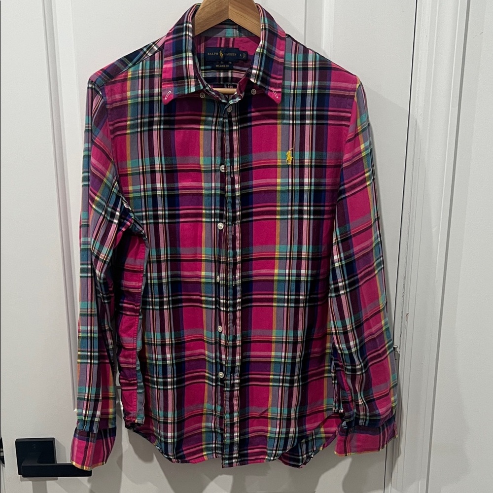 Ralph‎ Lauren Men's Vibrant Pink 100% Cotton Plaid Shirt Size Large